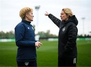 17 February 2023; Republic of Ireland manager Vera Pauw, left, and Germany manager Martina Voss-Tecklenburg before a behind closed doors training match between Republic of Ireland and Germany at Marbella Football Centre in Marbella, Spain. Photo by Stephen McCarthy/Sportsfile
