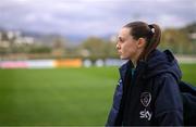 17 February 2023; Republic of Ireland goalkeeper Megan Walsh arrives for a behind closed doors training match between Republic of Ireland and Germany at Marbella Football Centre in Marbella, Spain. Photo by Stephen McCarthy/Sportsfile