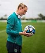 17 February 2023; Louise Quinn of Republic of Ireland with an OCEAUNZ, the official match all of the FIFA Women's World Cup 2023, before a behind closed doors training match between Republic of Ireland and Germany at Marbella Football Centre in Marbella, Spain. Photo by Stephen McCarthy/Sportsfile