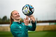 17 February 2023; Republic of Ireland goalkeeper Courtney Brosnan with an OCEAUNZ, the official match ball of the FIFA Women's World Cup 2023, before a behind closed doors training match between Republic of Ireland and Germany at Marbella Football Centre in Marbella, Spain. Photo by Stephen McCarthy/Sportsfile
