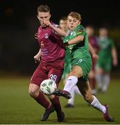 17 February 2023; Jason Abbott of Cobh Ramblers in action against Ronan Teahan of Kerry FC during the SSE Airtricity Men's First Division match between Kerry and Cobh Ramblers at Mounthawk Park in Tralee, Kerry. Photo by Brendan Moran/Sportsfile