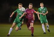 17 February 2023; Jason Abbott of Cobh Ramblers in action against Ronan Teahan of Kerry FC during the SSE Airtricity Men's First Division match between Kerry and Cobh Ramblers at Mounthawk Park in Tralee, Kerry. Photo by Brendan Moran/Sportsfile