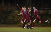 17 February 2023; Jack Doherty of Cobh Ramblers, left, celebrates with teammates after scoring his side's second goal during the SSE Airtricity Men's First Division match between Kerry and Cobh Ramblers at Mounthawk Park in Tralee, Kerry. Photo by Brendan Moran/Sportsfile