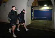 18 February 2023; Brian Deeny and Charlie Tector of Leinster arrive before the United Rugby Championship match between Leinster and Dragons at RDS Arena in Dublin. Photo by Harry Murphy/Sportsfile