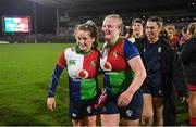 18 February 2023; Meabh Deely, left, and Aoife Wafer of Combined Provinces XV after the Celtic Challenge 2023 match between Combined Provinces XV and Welsh Development XV at Kingspan Stadium in Belfast. Photo by Ramsey Cardy/Sportsfile