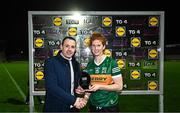 18 February 2023; Louise Ní Mhuircheartaigh of Kerry is presented with the Player of the Match award by Michael Collins, Sales Operation Manager, Lidl Ireland, following the 2023 Lidl Ladies National Football League Division 1 Round 4 match between Kerry and Dublin at Austin Stack Park in Tralee, Co. Kerry. Photo by Eóin Noonan/Sportsfile