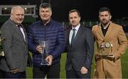 17 February 2023; FAI president Gerry McAnaney, left, and League of Ireland director Mark Scanlon, second from right, make a presentation to Kerry FC chief executive officer Brian Ainscough and Kerry FC chief operating officer Steven Conway, right, before the SSE Airtricity Men's First Division match between Kerry and Cobh Ramblers at Mounthawk Park in Tralee, Kerry. Photo by Brendan Moran/Sportsfile