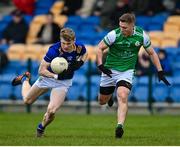18 February 2023; Kevin Quinn of Wicklow in action against Michael Clarke of London during the Allianz Football League Division Four match between Wicklow and London at Echelon Park in Aughrim, Wicklow. Photo by Stephen Marken/Sportsfile