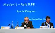 17 February 2023; Uachtarán Chumann Lúthchleas Gael Larry McCarthy, left, and Ard Stiúrthóir of the GAA Tom Ryan during day one of the GAA Annual Congress 2023 at Croke Park in Dublin. Photo by Piaras Ó Mídheach/Sportsfile