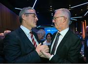 17 February 2023; GAA president elect Jarlath Burns, left, is congratulated by fellow GAA presidential candidate Pat Teehan after the result of the vote on day one of the GAA Annual Congress 2023 at Croke Park in Dublin. Photo by Piaras Ó Mídheach/Sportsfile