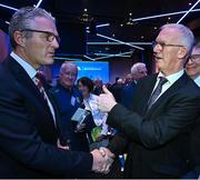 17 February 2023; GAA president elect Jarlath Burns, left, is congratulated by fellow GAA presidential candidate Pat Teehan after the result of the vote on day one of the GAA Annual Congress 2023 at Croke Park in Dublin. Photo by Piaras Ó Mídheach/Sportsfile