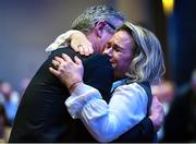 17 February 2023; Jarlath Burns celebrates with his wife Suzanne after he was voted-in as the GAA president elect during day one of the GAA Annual Congress 2023 at Croke Park in Dublin. Photo by Piaras Ó Mídheach/Sportsfile