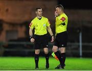 17 February 2023; Referee David Connolly consults his first assistant referee Jonathan Hennessy during the SSE Airtricity Men's First Division match between Treaty United and Bray Wanderers at Market's Field in Limerick. Photo by Michael P Ryan/Sportsfile