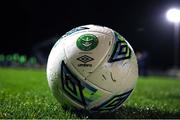 17 February 2023; The Bray Wanderers crest is seen on a match ball before  the SSE Airtricity Men's First Division match between Treaty United and Bray Wanderers at Market's Field in Limerick. Photo by Michael P Ryan/Sportsfile