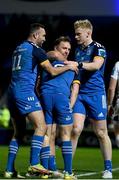 18 February 2023; Luke McGrath of Leinster celebrates with teammates, from left, Dave Kearney, Liam Turner and Jamie Osborne after scoring his side's second try during the United Rugby Championship match between Leinster and Dragons at RDS Arena in Dublin. Photo by Harry Murphy/Sportsfile