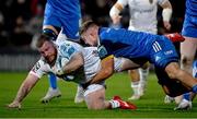 18 February 2023; Lloyd Fairbrother of Dragons is tackled by Scott Penny of Leinster during the United Rugby Championship match between Leinster and Dragons at RDS Arena in Dublin. Photo by Tyler Miller/Sportsfile