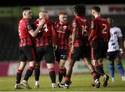 18 February 2023; Darragh Lynch of Longford Town, second from left, celebrates after scoring his side's first goal with teammates during the SSE Airtricity Men's First Division match between Longford Town and Athlone Town at Bishopsgate in Longford. Photo by Michael P Ryan/Sportsfile