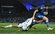 18 February 2023; Harry Byrne of Leinster scores his side's fourth try despite the tackle of Ashton Hewitt of Dragons during the United Rugby Championship match between Leinster and Dragons at RDS Arena in Dublin. Photo by Harry Murphy/Sportsfile