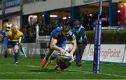 18 February 2023; Jordan Larmour of Leinster dives over to score his side's fifth try despite the tackle of Ashton Hewitt of Dragons during the United Rugby Championship match between Leinster and Dragons at RDS Arena in Dublin. Photo by Harry Murphy/Sportsfile