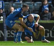 18 February 2023; Rhys Ruddock of Leinster celebrates with teammate Dave Kearney after scoring his side's third try during the United Rugby Championship match between Leinster and Dragons at RDS Arena in Dublin. Photo by Harry Murphy/Sportsfile