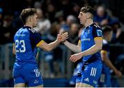 18 February 2023; Rob Russell of Leinster celebrates with teammate Charlie Tector after scoring his side's sixth try during the United Rugby Championship match between Leinster and Dragons at RDS Arena in Dublin. Photo by Harry Murphy/Sportsfile