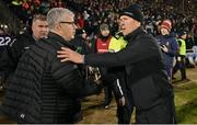 18 February 2023; Mayo manager Kevin McStay, left, and Kerry manager Jack O'Connor shake hands after the Allianz Football League Division One match between Mayo and Kerry at Hastings Insurance MacHale Park in Castlebar, Mayo. Photo by Brendan Moran/Sportsfile