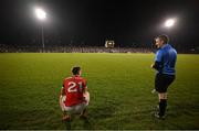 18 February 2023; Cillian O'Connor of Mayo and standby referee Thomas Murphy in conversation during the Allianz Football League Division One match between Mayo and Kerry at Hastings Insurance MacHale Park in Castlebar, Mayo. Photo by Brendan Moran/Sportsfile