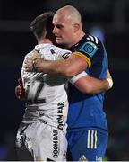 18 February 2023; JJ Hanrahan of Dragons and Rhys Ruddock of Leinster after the United Rugby Championship match between Leinster and Dragons at RDS Arena in Dublin. Photo by Tyler Miller/Sportsfile