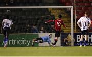 18 February 2023; Athlone Town goalkeeper Enda Minogue saves a penalty from Sam Verdon of Longford Town during the SSE Airtricity Men's First Division match between Longford Town and Athlone Town at Bishopsgate in Longford. Photo by Michael P Ryan/Sportsfile