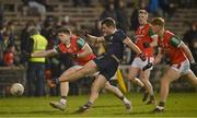 18 February 2023; Barry O’Sullivan of Kerry scores his side's first goal despite the bst efforts of Paddy Durcan of Mayo during the Allianz Football League Division One match between Mayo and Kerry at Hastings Insurance MacHale Park in Castlebar, Mayo. Photo by Brendan Moran/Sportsfile