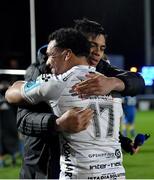 18 February 2023; Aki Seiuli of Dragons and Michael Ala'alatoa of Leinster after the United Rugby Championship match between Leinster and Dragons at RDS Arena in Dublin. Photo by Tyler Miller/Sportsfile