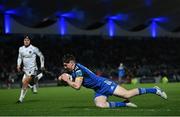 18 February 2023; Charlie Tector of Leinster dives over to score his side's seventh try during the United Rugby Championship match between Leinster and Dragons at RDS Arena in Dublin. Photo by Harry Murphy/Sportsfile