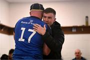 18 February 2023; Luke McGrath of Leinster presents teammate Jack Boyle with his first cap after their side's victory in the United Rugby Championship match between Leinster and Dragons at RDS Arena in Dublin. Photo by Harry Murphy/Sportsfile