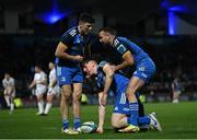 18 February 2023; Charlie Tector of Leinster celebrates with teammates Jimmy O'Brien and Dave Kearney after scoring his side's seventh try during the United Rugby Championship match between Leinster and Dragons at RDS Arena in Dublin. Photo by Harry Murphy/Sportsfile