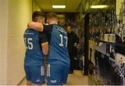 18 February 2023; Jimmy O'Brien and Jack Boyle of Leinster embrace on their way back to the dressing room after their side's victory in the United Rugby Championship match between Leinster and Dragons at RDS Arena in Dublin. Photo by Harry Murphy/Sportsfile