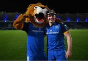 18 February 2023; Jack Boyle of Leinster with Leinster mascot Leo the Lion after making his debut in the United Rugby Championship match between Leinster and Dragons at RDS Arena in Dublin. Photo by Harry Murphy/Sportsfile