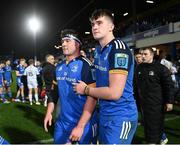 18 February 2023; Thomas Clarkson and Brian Deeny of Leinster after their side's victory in the United Rugby Championship match between Leinster and Dragons at RDS Arena in Dublin. Photo by Harry Murphy/Sportsfile