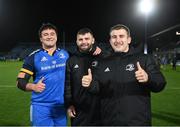 18 February 2023; Leinster players, from left, Thomas Clarkson, Michael Milne and John McKee after their side's victory in the United Rugby Championship match between Leinster and Dragons at RDS Arena in Dublin. Photo by Harry Murphy/Sportsfile