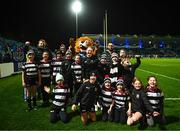 18 February 2023; The Old Belvedere team with Leo the Lion, Martin Moloney and Charlie Ngatai before the Bank of Ireland Half-Time Minis at the United Rugby Championship match between Leinster and Dragons at RDS Arena in Dublin. Photo by Harry Murphy/Sportsfile