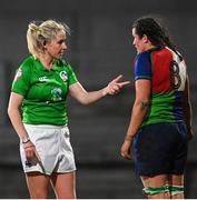 18 February 2023; Referee Joy Neville speaks to Combined Provinces XV captain Hannah O'Connor during the Celtic Challenge 2023 match between Combined Provinces XV and Welsh Development XV at Kingspan Stadium in Belfast. Photo by Ramsey Cardy/Sportsfile