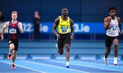 19 February 2023; Israel Olatunde of UCD AC, Dublin, centre, competing in the senior men's 60m, alongside Conor Vanduyvenvoorde of Le Chéile AC, Kildare, left, and Rex Nyamakazi of Limerick AC, during day two of the 123.ie National Senior Indoor Championships at National Indoor Arena in Dublin. Photo by Sam Barnes/Sportsfile