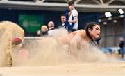 19 February 2023; Laura Frawley of Nenagh Olympic AC, Tipperary, competing in the senior women's long jump during day two of the 123.ie National Senior Indoor Championships at National Indoor Arena in Dublin. Photo by Sam Barnes/Sportsfile