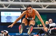 19 February 2023; Laura Frawley of Nenagh Olympic AC, Tipperary, competing in the senior women's long jump during day two of the 123.ie National Senior Indoor Championships at National Indoor Arena in Dublin. Photo by Sam Barnes/Sportsfile