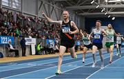 19 February 2023; Eoin Pierce of Clonliffe Harriers AC, Dublin, celebrates winning the senior men's 1500m during day two of the 123.ie National Senior Indoor Championships at National Indoor Arena in Dublin. Photo by Sam Barnes/Sportsfile