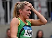 19 February 2023; Carla Sweeney of Rathfarnham WSAF AC, Dublin, reacts after winning the senior women's 1500m during day two of the 123.ie National Senior Indoor Championships at National Indoor Arena in Dublin. Photo by Sam Barnes/Sportsfile