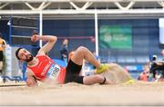 19 February 2023; Conall Mahon of Tír Chonaill AC, Donegal, competing in the senior men's Triple Jump during day two of the 123.ie National Senior Indoor Championships at National Indoor Arena in Dublin. Photo by Tyler Miller/Sportsfile