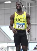 19 February 2023; Israel Olatunde of UCD AC, Dublin, after competing in the senior men's 60m during day two of the 123.ie National Senior Indoor Championships at National Indoor Arena in Dublin. Photo by Tyler Miller/Sportsfile