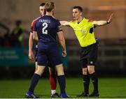 17 February 2023; Referee David Connolly speaks with Eoin Farrell of Bray Wanderers and Lee Devitt of Treaty United during the SSE Airtricity Men's First Division match between Treaty United and Bray Wanderers at Market's Field in Limerick. Photo by Michael P Ryan/Sportsfile