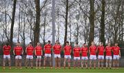 19 February 2023; Louth players stand for the playing of Amhrán na bhFiann before the Allianz Football League Division Two match between Louth and Limerick at Páirc Mhuire in Ardee, Louth. Photo by Ben McShane/Sportsfile