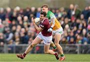 19 February 2023; Sam Duncan of Westmeath in action against Jack McEvoy of Offaly during the Allianz Football League Division Three match between Westmeath and Offaly at TEG Cusack Park in Mullingar, Westmeath. Photo by Stephen Marken/Sportsfile